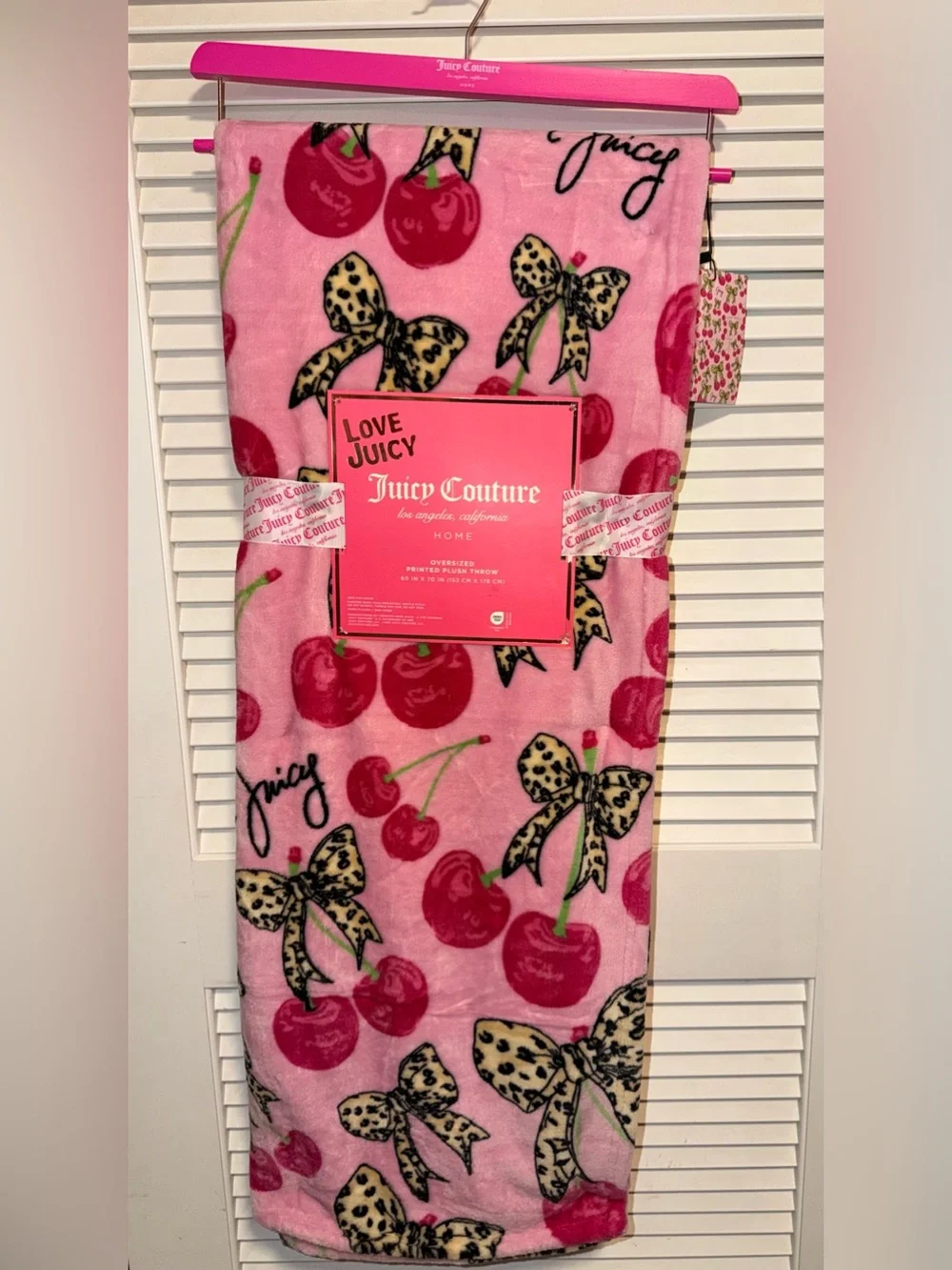 Juicy Couture Pink Cherry & Leopard Bow Plush Throw